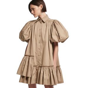 J.ING Mini Shirt Dress Sz Small Khaki Brown Tiered Short Puff Sleeves